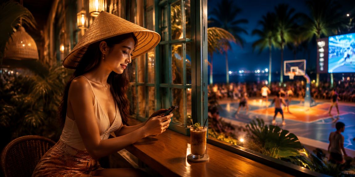 Người dùng tại Phú Quốc theo dõi cá cược bóng rổ với nón lá truyền thống